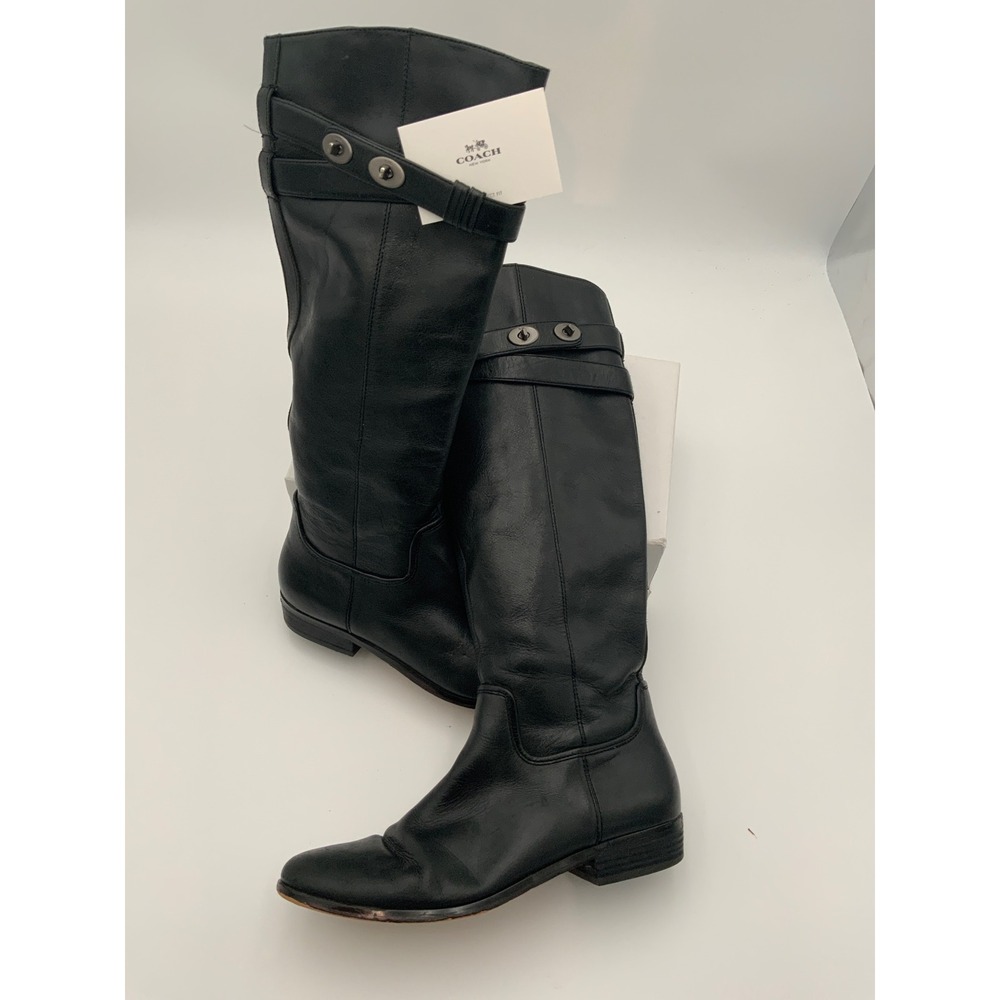 Coach Linette Black Leather Tall Boots Turnlock Strap Full Side Zip Womens